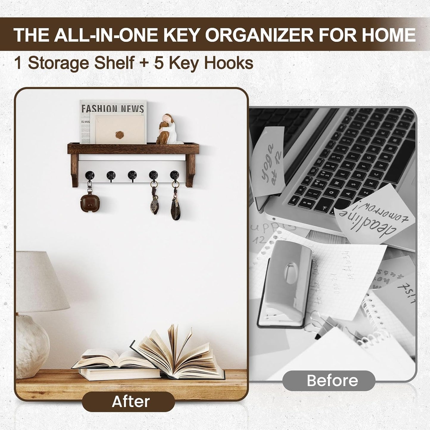 Key and Mail Holder Wall Mount, Mail Organizer with 5 Key Hooks | Key Holder with Shelf, Key Holder for Coat, Dog Leash, Home Decor Rack, Entry Way Organizer