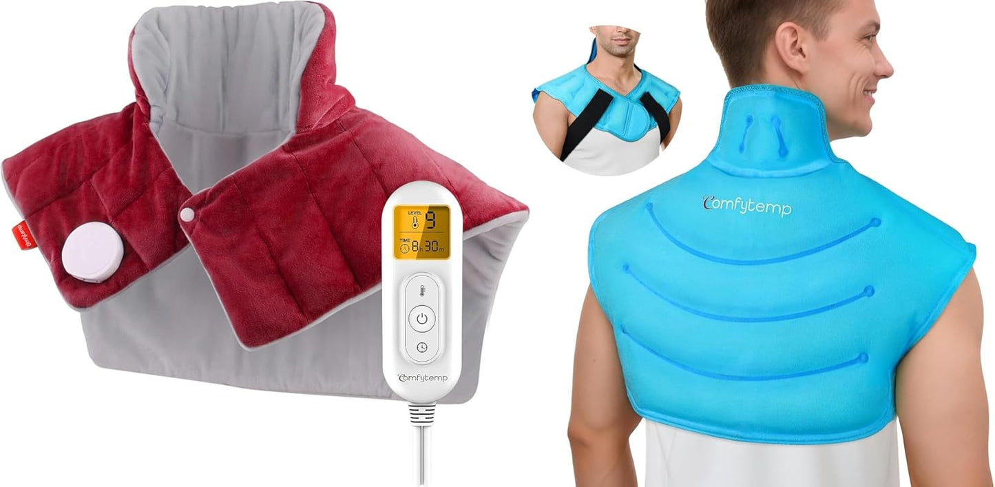 Comfytemp Large Ice Pack & for Neck Shoulders Upper Back Comfort, FSA Eligible HSA, Weighted Electric Heat Pad, Wearable Reusable Gel Ice Wrap