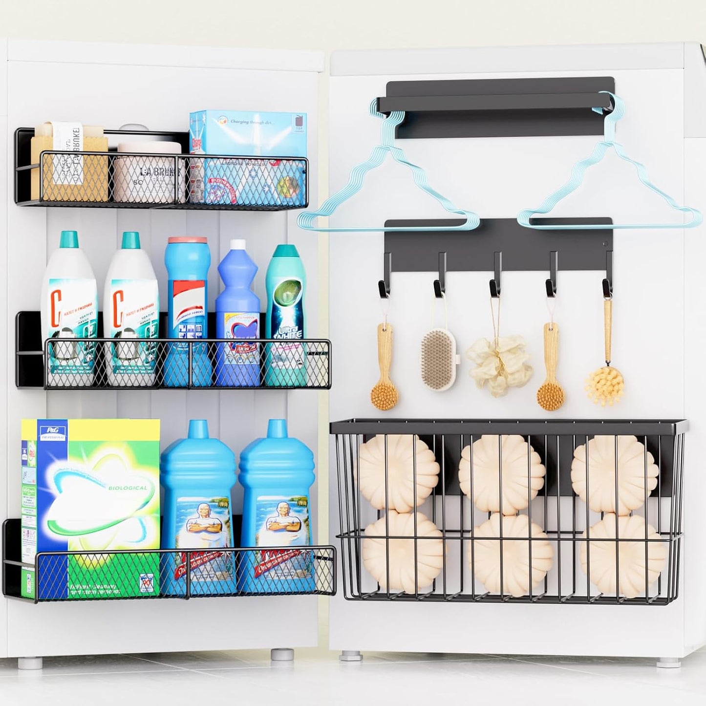 4 Pack Magnetic Shelves for Washing Machine, Heavy-Duty Magnetic Laundry Organizer with Hooks, Washing Machine Shelf for Refrigerator, Metal Storage Baskets, Closet & Laundry Room Organization(Black)