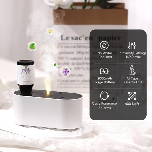 Lecdura Waterless Diffuser for Essential Oil, Battery Operated Scent Air Aromatherapy Diffuser, Mini Aroma Diffusers with 3 Intermittent Mist Modes, Cycle Start for 400-700 sq.ft Home Office Bedroom.
