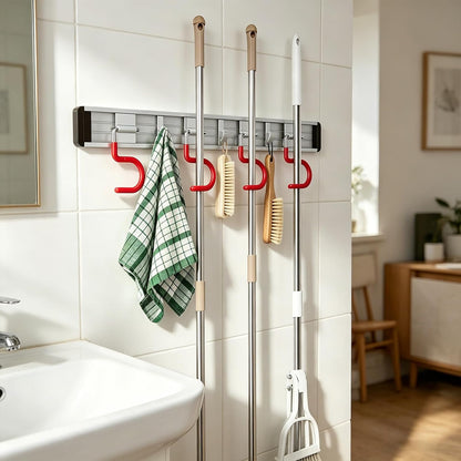 Wall Mounted Mop and Broom Holder Stainless Steel S Type Broom Rack Anti-Slip Mop Organizer (17 Inches,4 Positions 3 Hooks, Red black) (17inch)