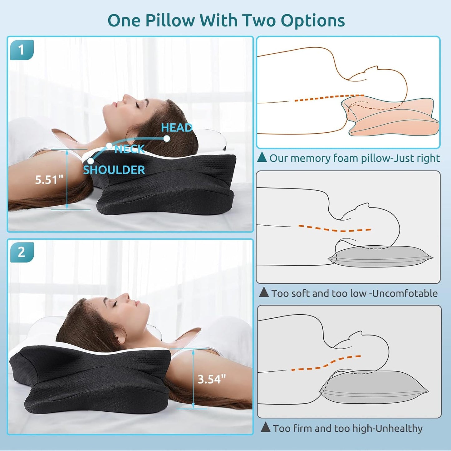 DONAMA Contour Cervical Neck Pillow for Neck Pain Relief | Queen,Ergonomic Dual-Height,Odorless Memory Foam,Side/Back/Stomach Sleepers,Cooling Hypoallergenic Cover,OEKO-TEX Certified