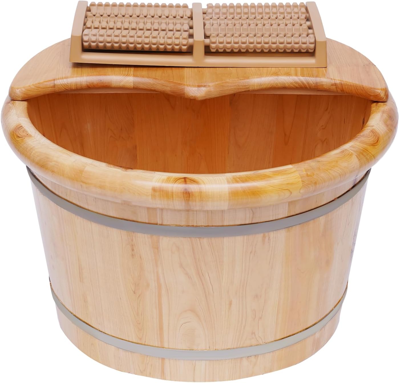 Wooden Foot Bath Basin, Health Foot Massage Barrel Feet Spa Soak Bucket w/Roller