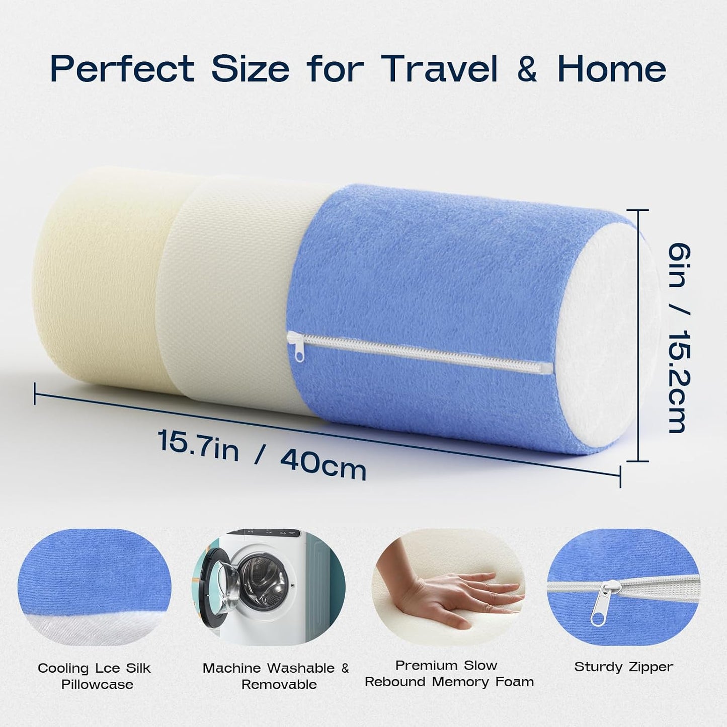 Neck Roll Pillow for Neck Pain Relief - Memory Foam Neck Support Pillow for Bed | Round Neck Pillow for Sleeping, 15.7 * 6 * 6 inch (Cool-Blue)