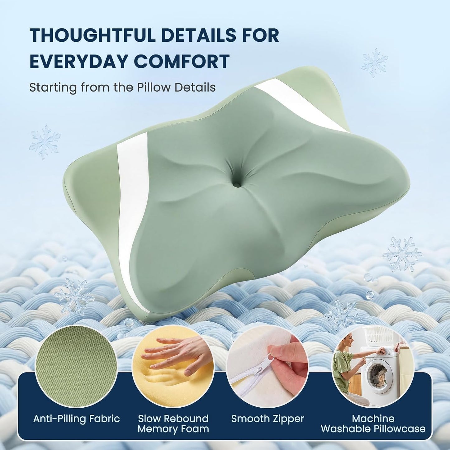 Sweetcrispy Cervical Pillow for Neck and Shoulder - Ergonomic Memory Foam Pillows, Contour Side Sleeper for Adults, Cooling Orthopedic Neck Support for Back Stomach Sleepers, White