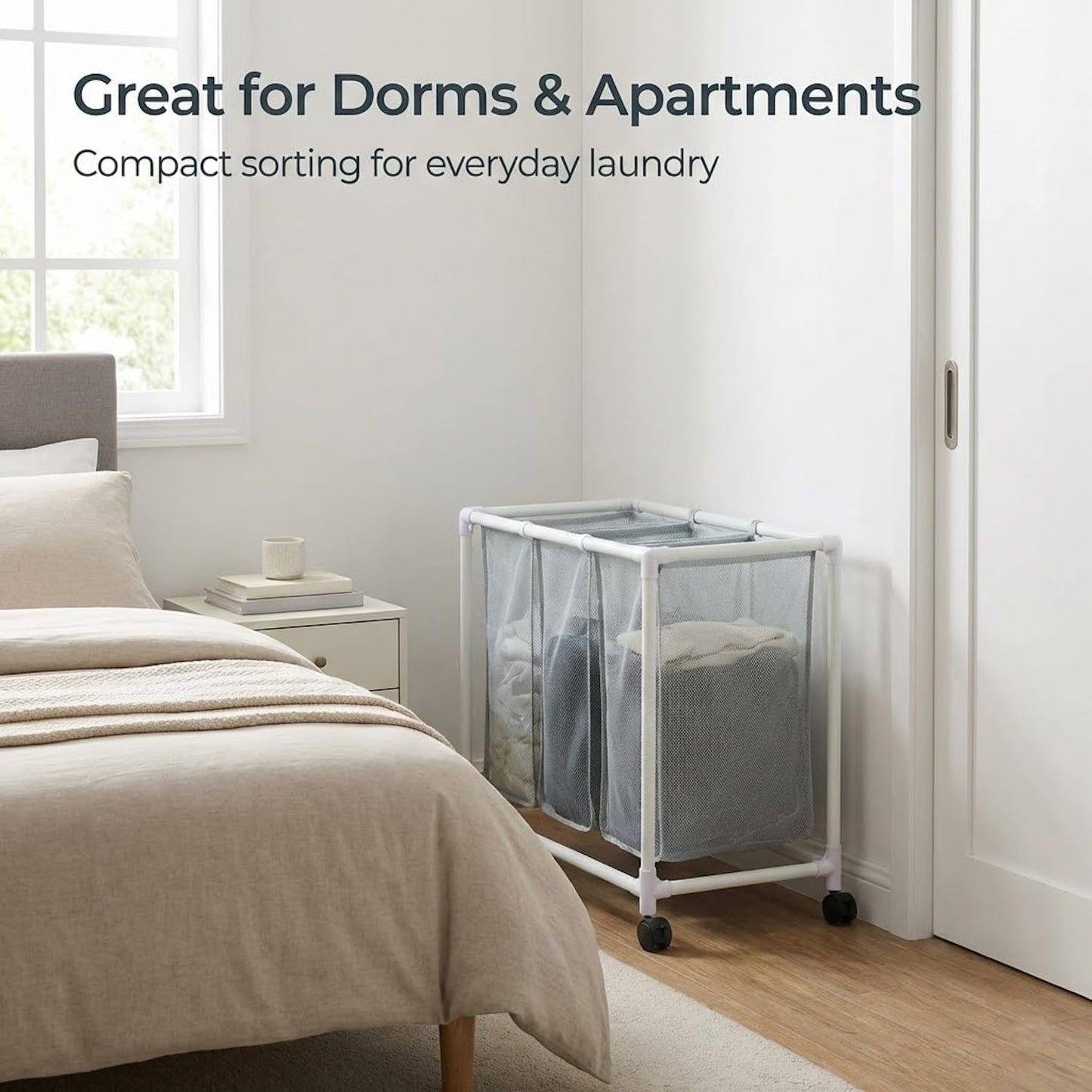 3 Section Laundry Hamper with Wheels & Lid, Large Rolling Laundry Basket Organizer, Durable Mesh Bags for Laundry Room Organizer, Easy Assembly, 29.5L x 19W x 30.5H Inches