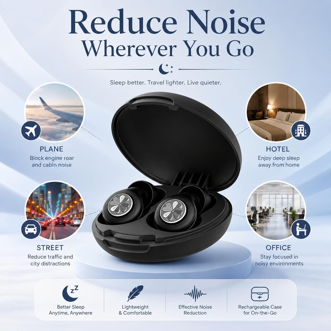 HEKKE 45dB Ear Plugs for Sleeping, Soft Silicone for Side Sleepers, 4 Sizes | Reusable soft silicone with XS/S/M/L sizes for side sleepers, concerts, flights and hotels; carrying case included.
