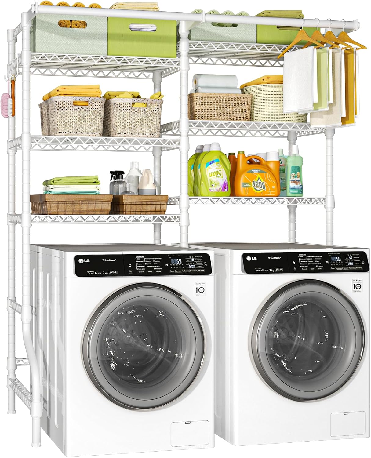 U13 Medium Over Washer and Dryer Storage Shelves, 6 Tiers Laundry Rack | Metal Clothes Drying Rack Space Saver with 2 Hanger Rods and Hooks, Laundry Room Standing Shelf Above Washer Dryer, White