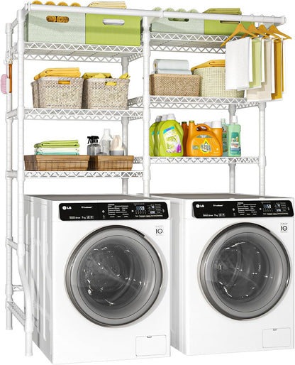 U13 Medium Over Washer and Dryer Storage Shelves, 6 Tiers Laundry Rack | Metal Clothes Drying Rack Space Saver with 2 Hanger Rods and Hooks, Laundry Room Standing Shelf Above Washer Dryer, White