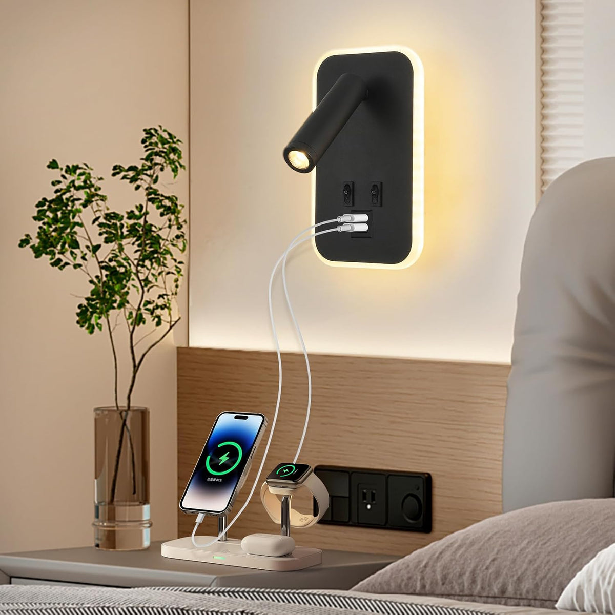 Wall Sconce Plug in with Wall Mounted Reading Lights,Modern Wall Lamp for Bedroom with Charging Station USB C+A Ports,Headboard Bedside Lamps with 3W+9W Night Light,3 Color Temperature