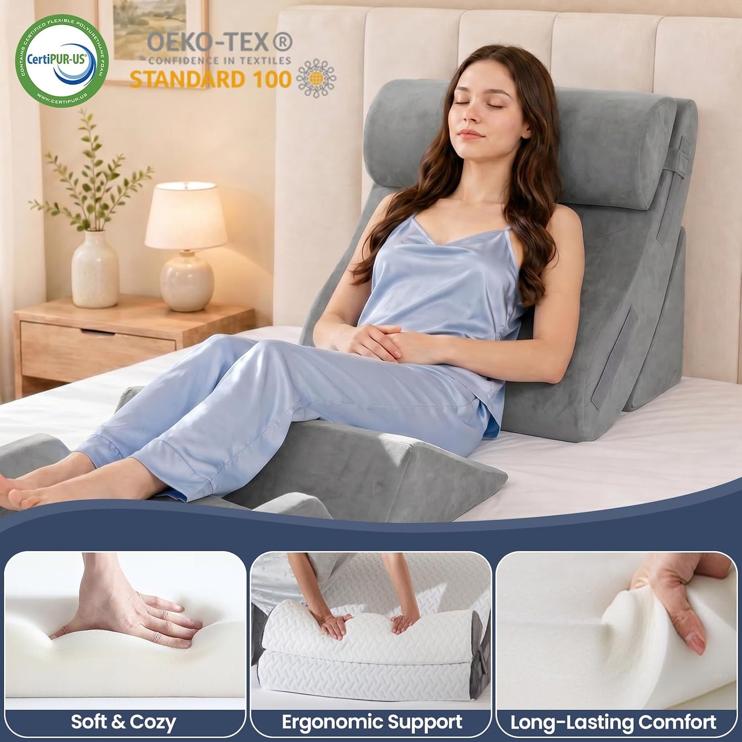 5PCS Wedge Pillow Set for After Surgery, Adjustable Orthopedic Foam Bed Wedge Pillow for Acid Reflux, GERD & Heartburn Relief, Back & Leg Elevation Support for Sleeping & Sitting Up, White Grey