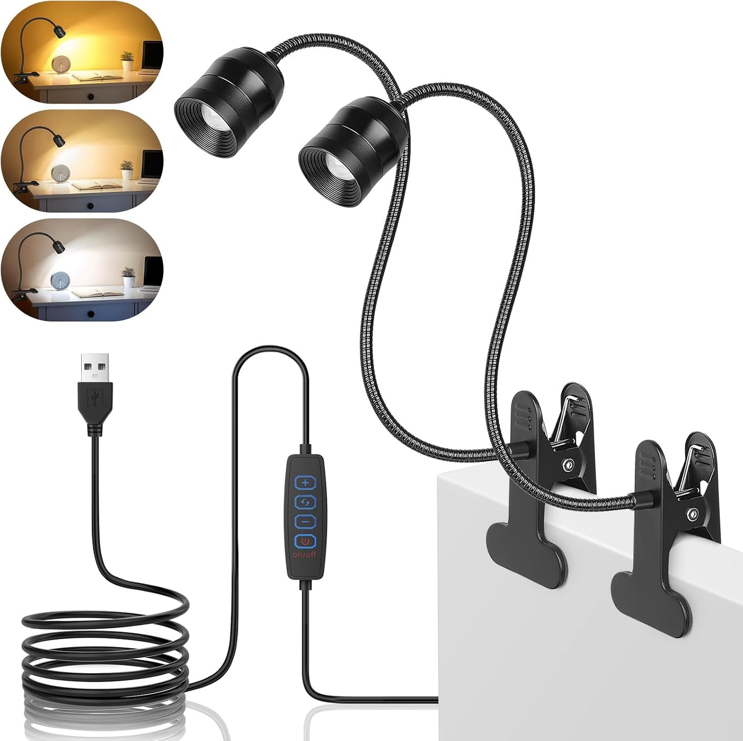 LED Reading Lights for Bed Headboard, Zoomable Clip Light with 360° Flexible Gooseneck, 3 Color Modes & 10 Brightness Levels, USB Powered Book Light for Headboard, Desk, Dorm & Study