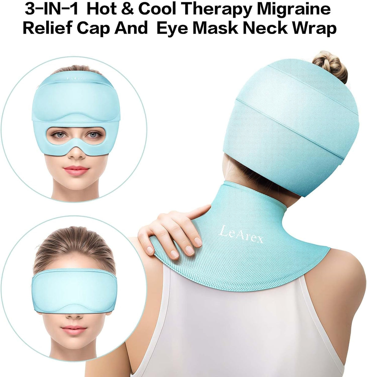 3 in 1 Migraine Relief Cap Neck Ice Pack Wrap Gel and Ice Eye Masks, Detachable Ice Caps with Eyes Masks, Hot and Cold Therapy for Relief of Headaches, Stiff Neck and Eye Fatigue (Purple)