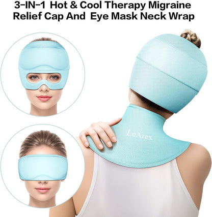 3 in 1 Migraine Relief Cap Neck Ice Pack Wrap Gel and Ice Eye Masks, Detachable Ice Caps with Eyes Masks, Hot and Cold Therapy for Relief of Headaches, Stiff Neck and Eye Fatigue (Purple)
