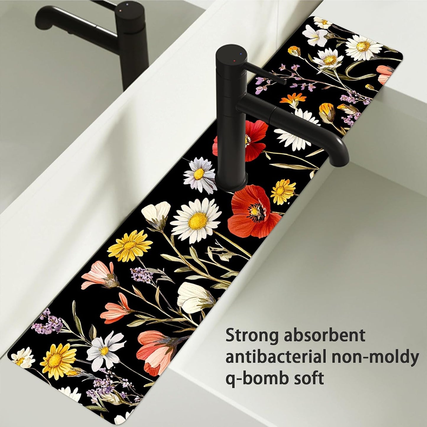 Bimkole 2 PCS Faucet Absorbent Mat, Kitchen Faucet Sink Splash Guard Wraparound Cloth Pads Drip Catcher for Sink Faucet for Kitchen Bathroom Faucet, Colorful Faucet Mat, 15 x 4 Inch Flower A6