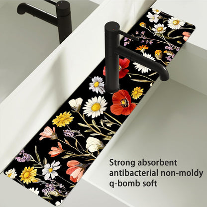 Bimkole 2 PCS Faucet Absorbent Mat, Kitchen Faucet Sink Splash Guard Wraparound Cloth Pads Drip Catcher for Sink Faucet for Kitchen Bathroom Faucet, Colorful Faucet Mat, 15 x 4 Inch Flower A6