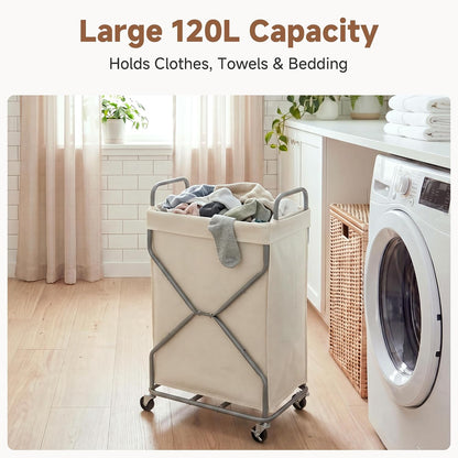 StorageWorks 2 Section Laundry Sorter with Wheels, 160L Beige Hamper Basket | Beige Divided Hamper, Rolling Organizer for Bedroom, Bathroom, College, Apartment