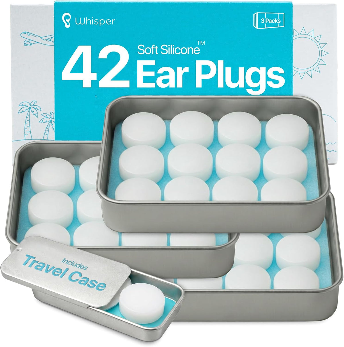Whisper Ear Plugs (42 pcs) | Soft Silicone | Reusable Silicone Ear Plugs for Swimming, Sleep, Travel, Noise & Snoring | Moldable Comfort Fit Wax Earplugs for Sleep | Waterproof Swim Ear Plugs Adults