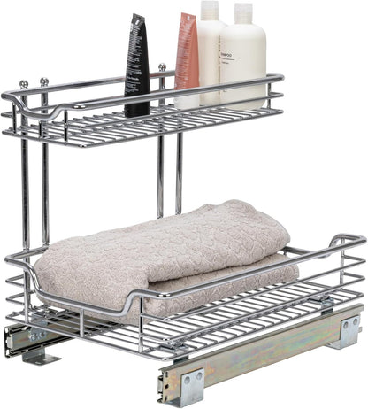 Household Essentials Glidez Multipurpose Chrome-Plated Steel Pull-Out/Slide-Out Storage Organizer for Cookware and Bakeware - 2-Tier Design - Fits Standard Size Cabinet or Shelf, Chrome