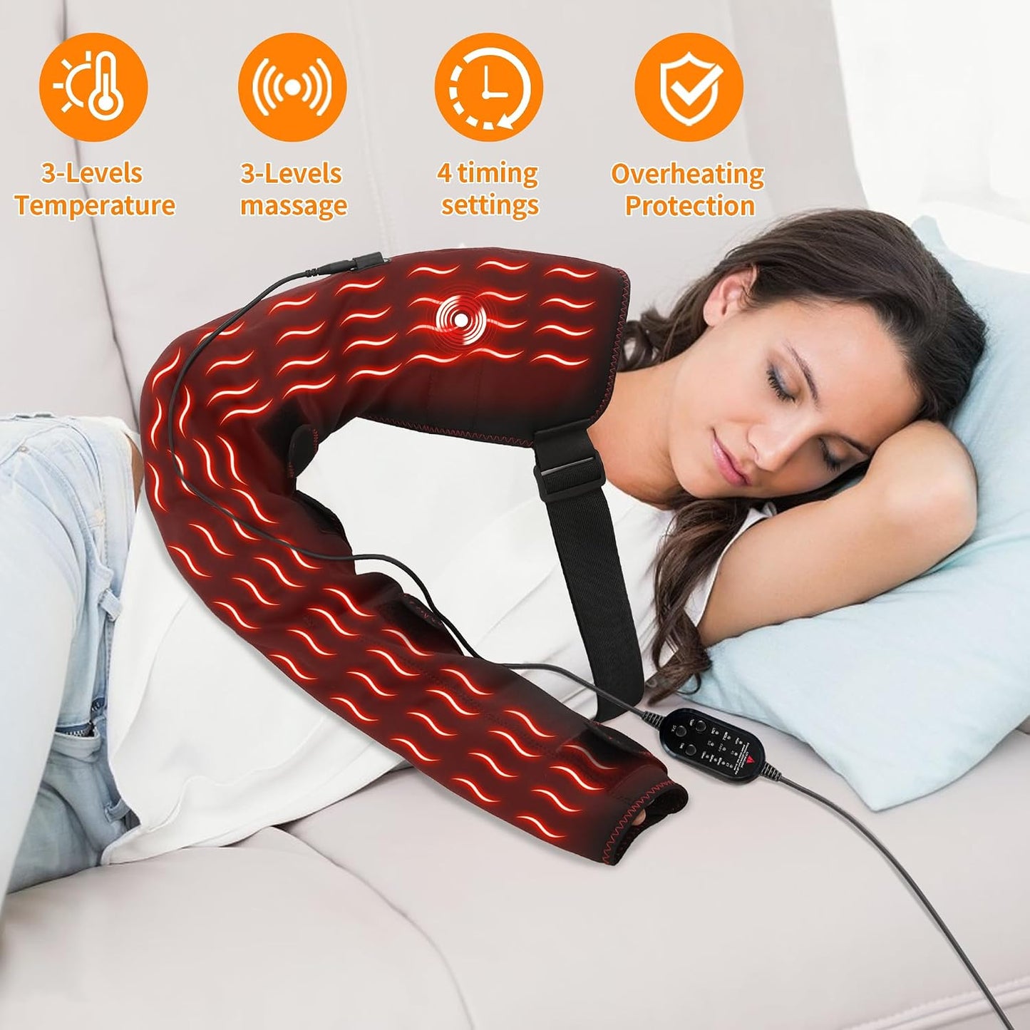 Shoulder Arm Massage Heating Pad for Pain Relief, Ultra Long Heated Elbow Heating Pad with 3 Vibration and Heat Settings, Heated Shoulder Wrap for Frozen Shoulder