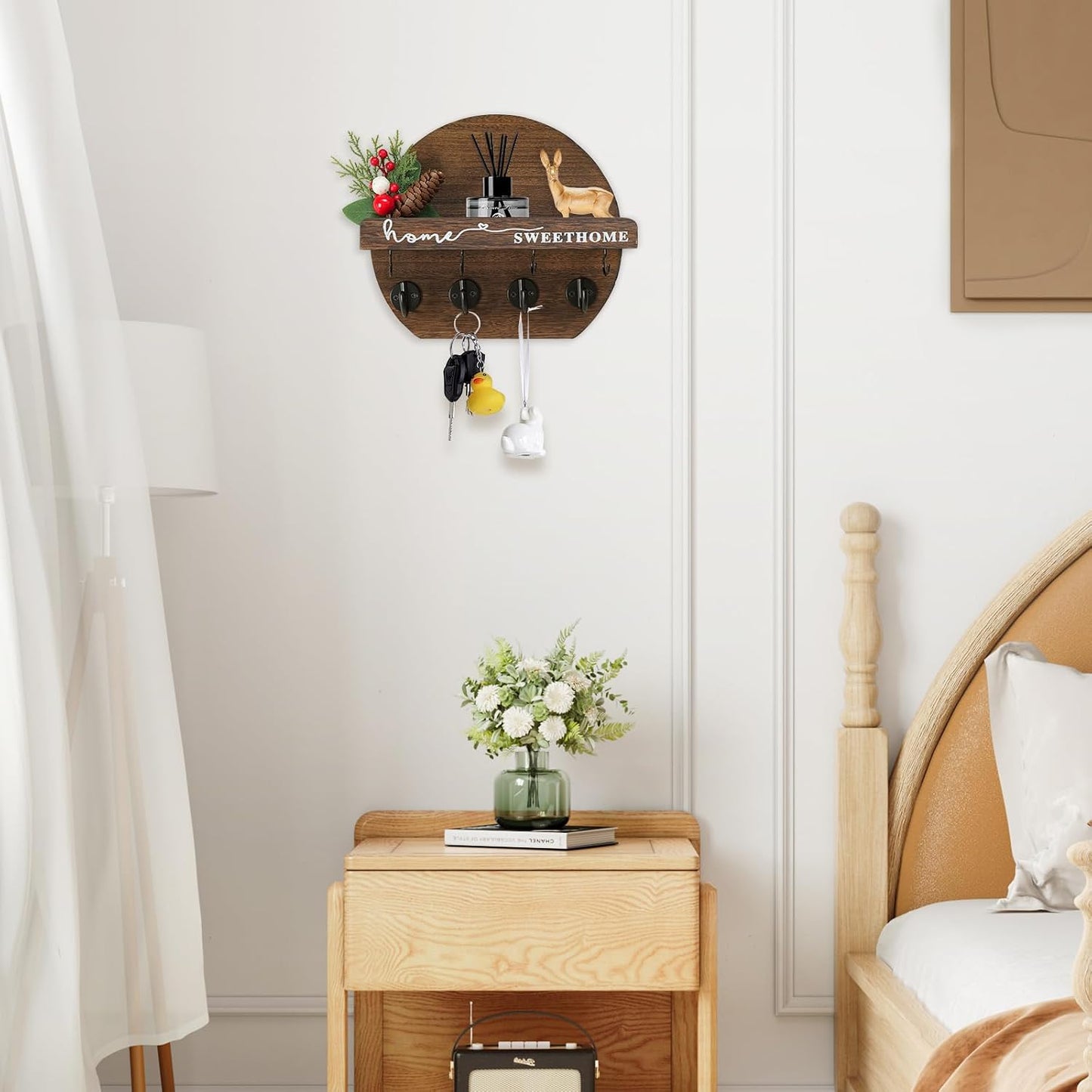 Key Holder for Wall, Key and Mail Holder Organizer - Key Holder Wall Mount with Bouquet Shelf and Key Hooks, Round Wooden Rustic Key Rack for Entryway and Home Decor (Black)
