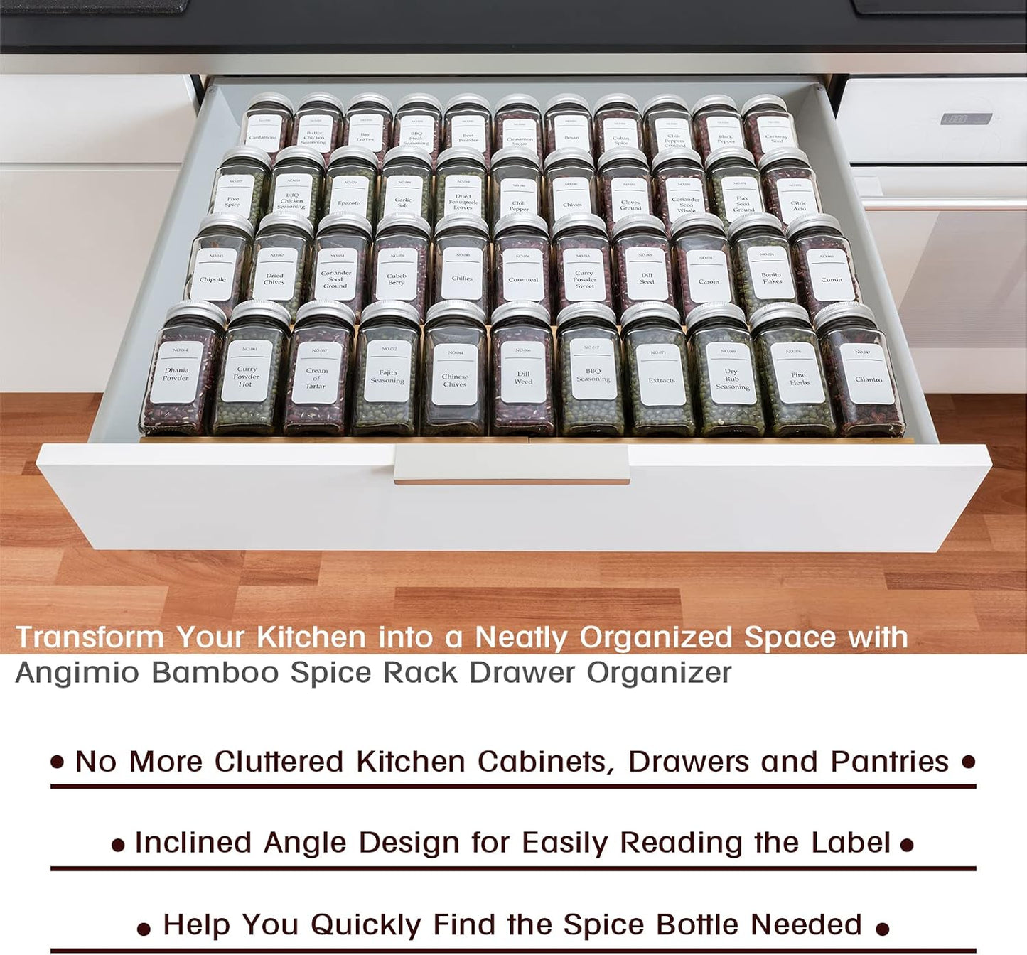 Bamboo Spice Rack Drawer Organizer - 8 Pieces Set- 7" Wide Per Piece - Combine Pieces Into 14" Wide Rack (7" or 14")