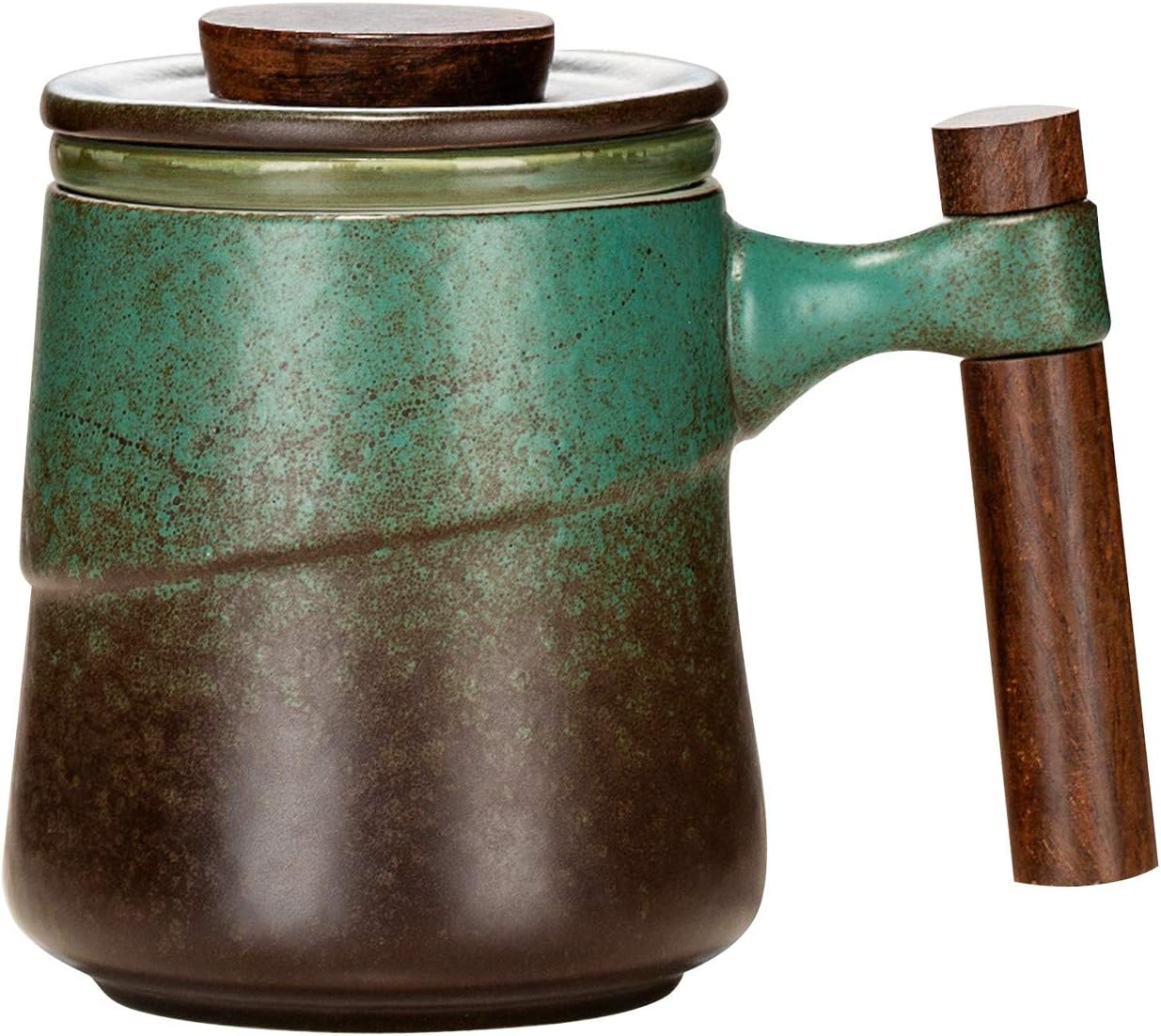 Tea Cup with Infuser and Lid, Rural style Wood Handle Ceramic Mugs Green | Tea Mug Cups with Infuser, Capacity about 320ml / 10.82 OZ, Suitable for Tea, Flower Buds, Coffee, Water, it is LEAD-FREE
