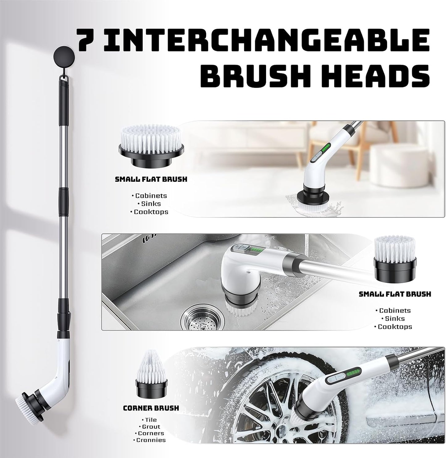 Electric Spin Scrubber, 2-Speed Cleaning Brush, Extendable Handle (White) | Includes 7 reusable brush heads and an IPX7-rated design for cleaning bathrooms, showers, kitchens, tile, floors, and grout