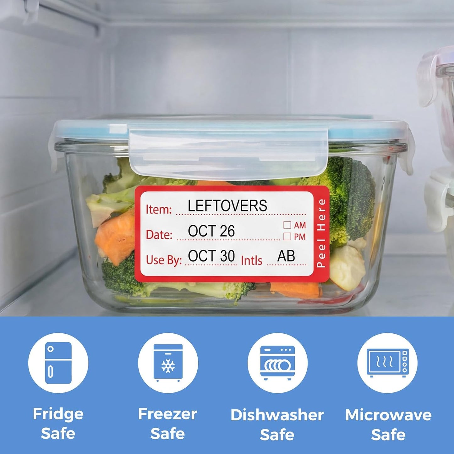 1200 Freezer Labels with Dispenser, 1" x 2", Removable, Red & Blue | Writable Food Labels, No Residue, Strong Adhesive, Water And Oil Resistant, For Containers And Freezer Bags