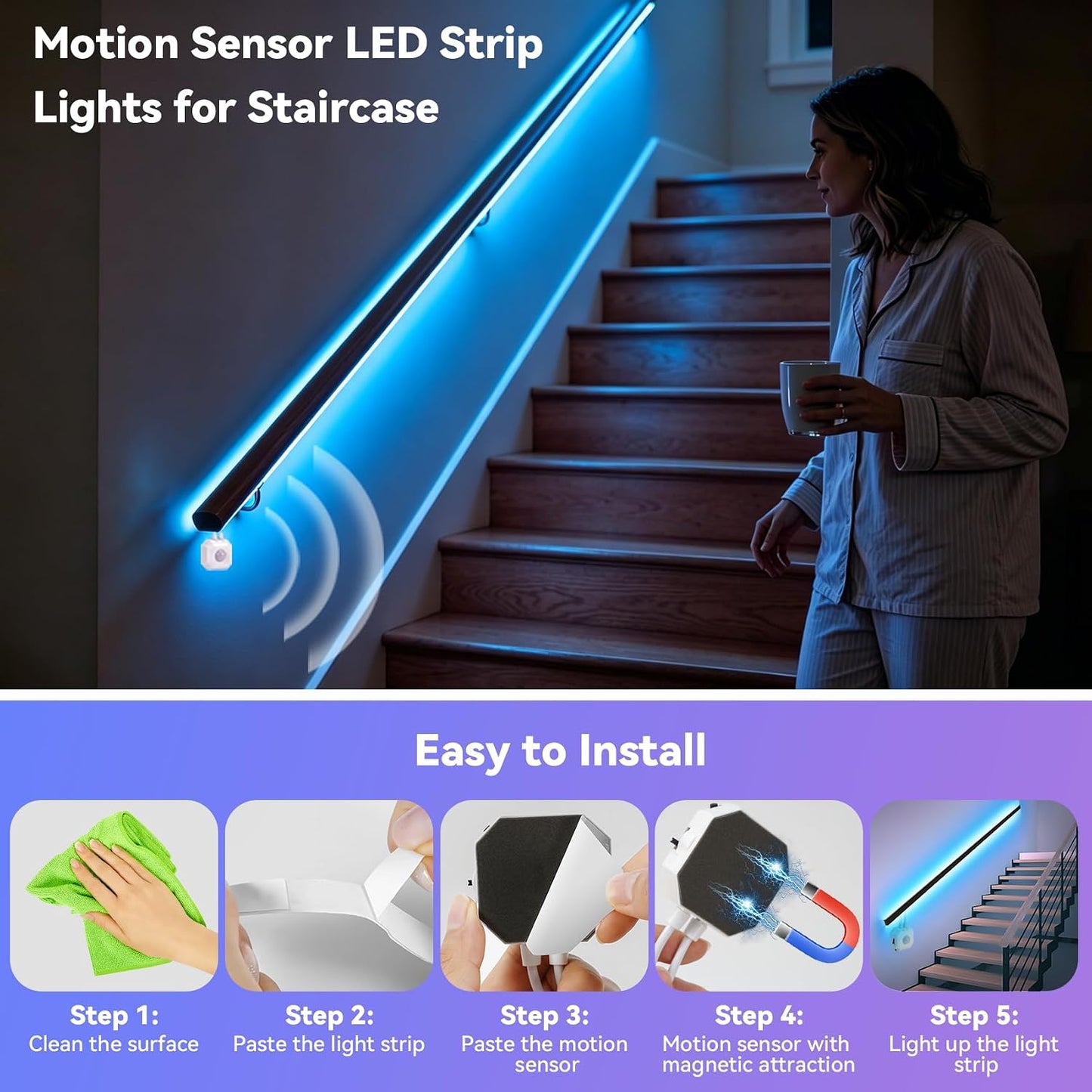 Motion Activated LED Strip Under Bed Lights 9.8Ft RGB, Remote & App Control | Motion Sensor Strip Light Indoor, Music Sync,Auto On/Off RGB Color Changing Night Light USB Powered for Bedroom Cabinet TV PC