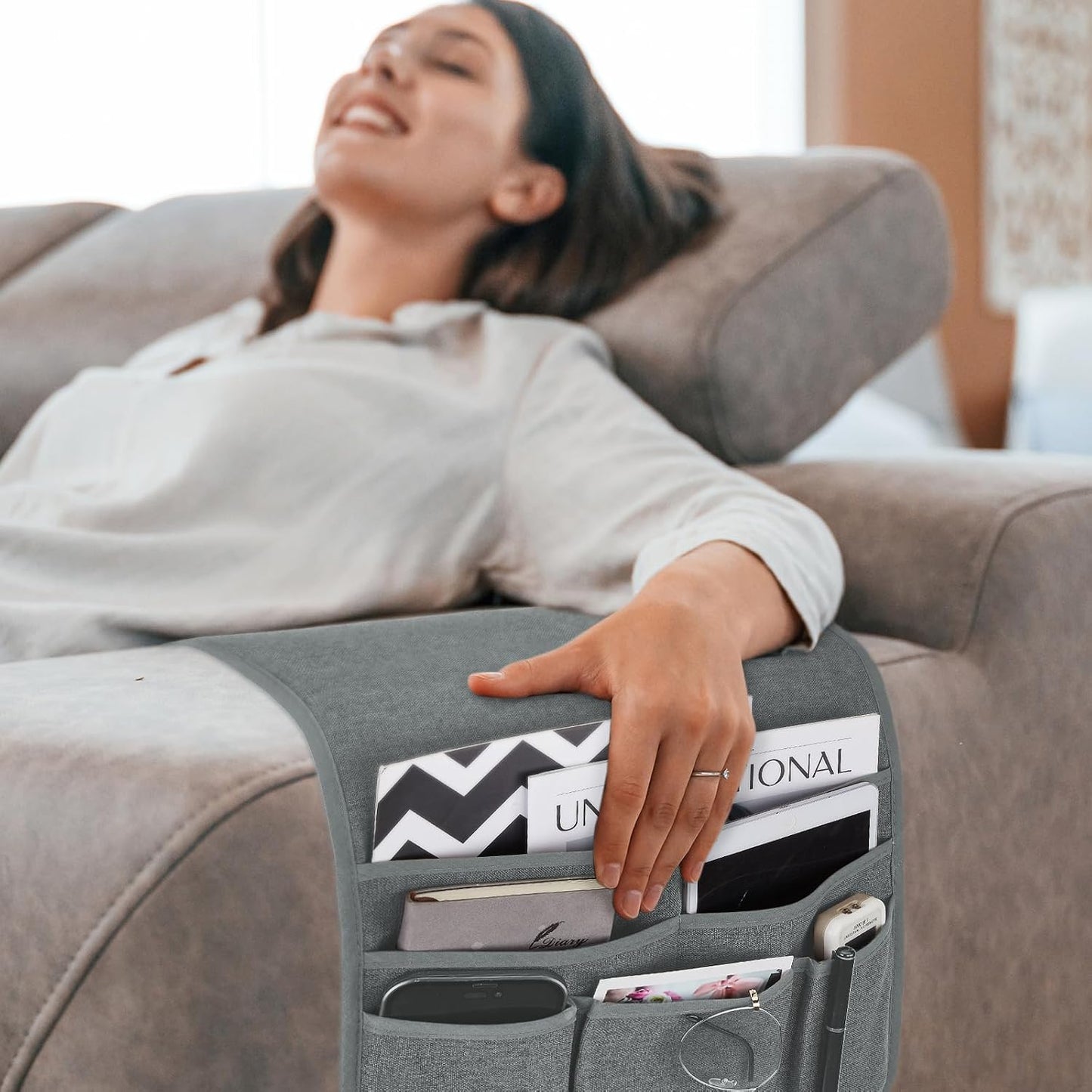 Teniux Remote Control Holder GRS Certified Armchair Caddy for Recliner Couch, Recycled Material Non-Slip Armrest Organizer with 5 Pockets for Magazine, Tablet, Phone, iPad (Dark Grey)