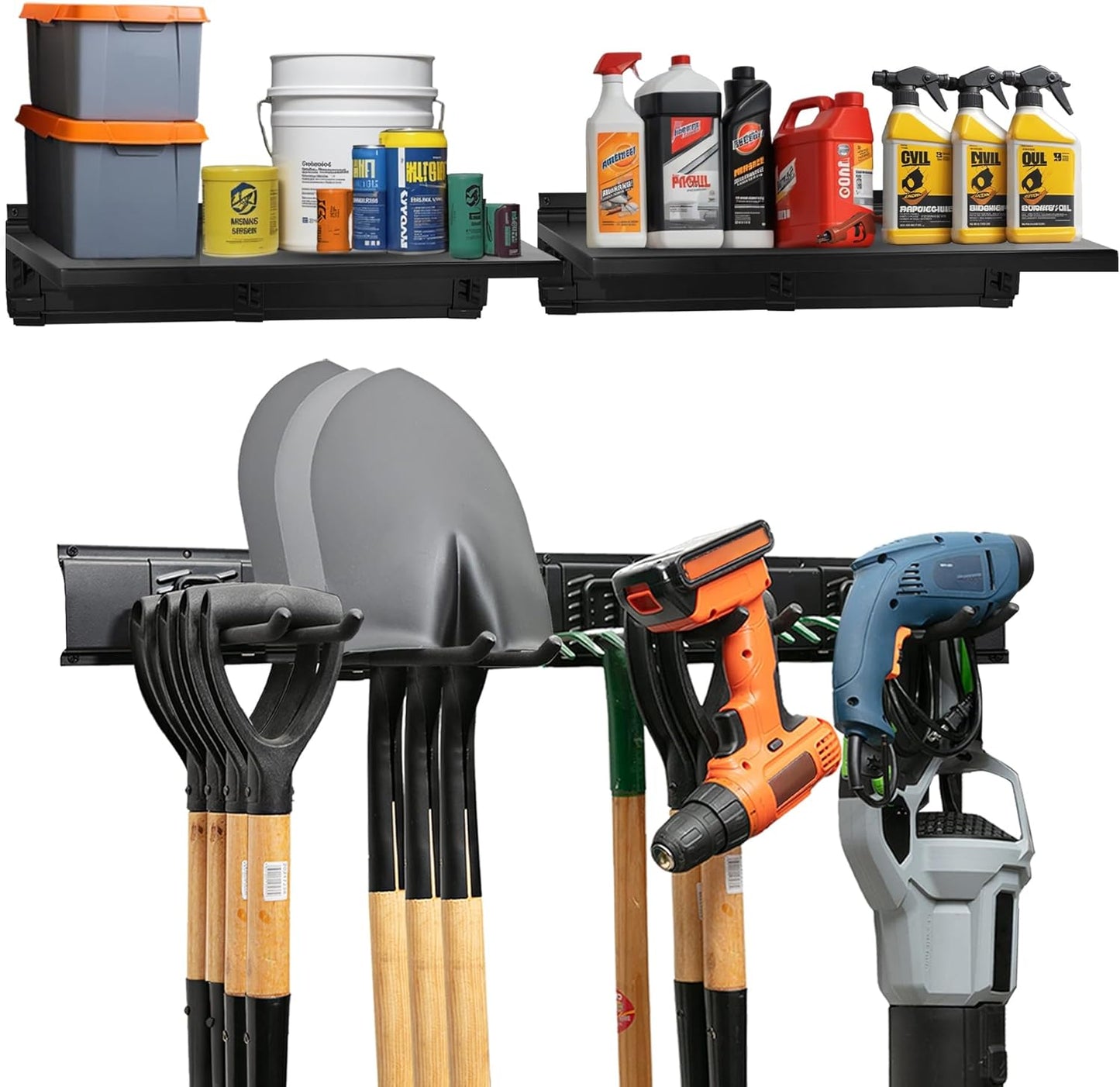 Garage Tool Organizer Wall Mount, 64", 4 Racks 8 Hooks, 400 lbs | 400 lbs, anti-rust carbon steel, garden tool organizer & storage rack for garage organization, shovels, rakes & tools