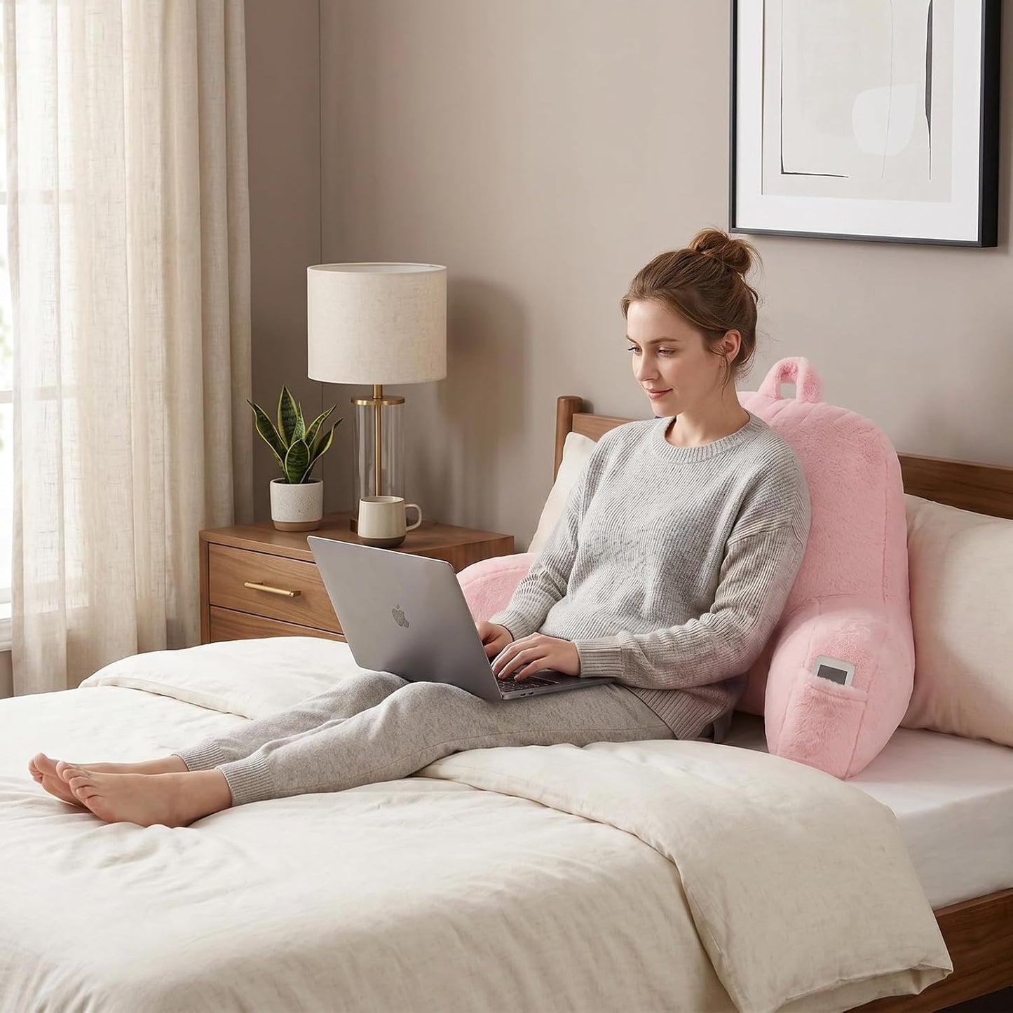Reading Pillow with Arms for Sitting in Bed,Backrest,White Flannel,M | 17" Backrest Supports Back for College Students,Elbows & Forearms for Dorm Reading,Gaming,Watching TV