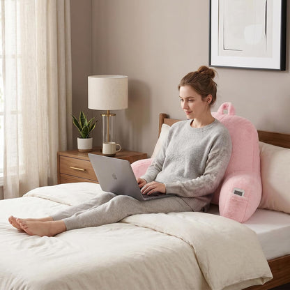 Reading Pillow with Arms for Sitting in Bed,Backrest,White Flannel,M | 17" Backrest Supports Back for College Students,Elbows & Forearms for Dorm Reading,Gaming,Watching TV