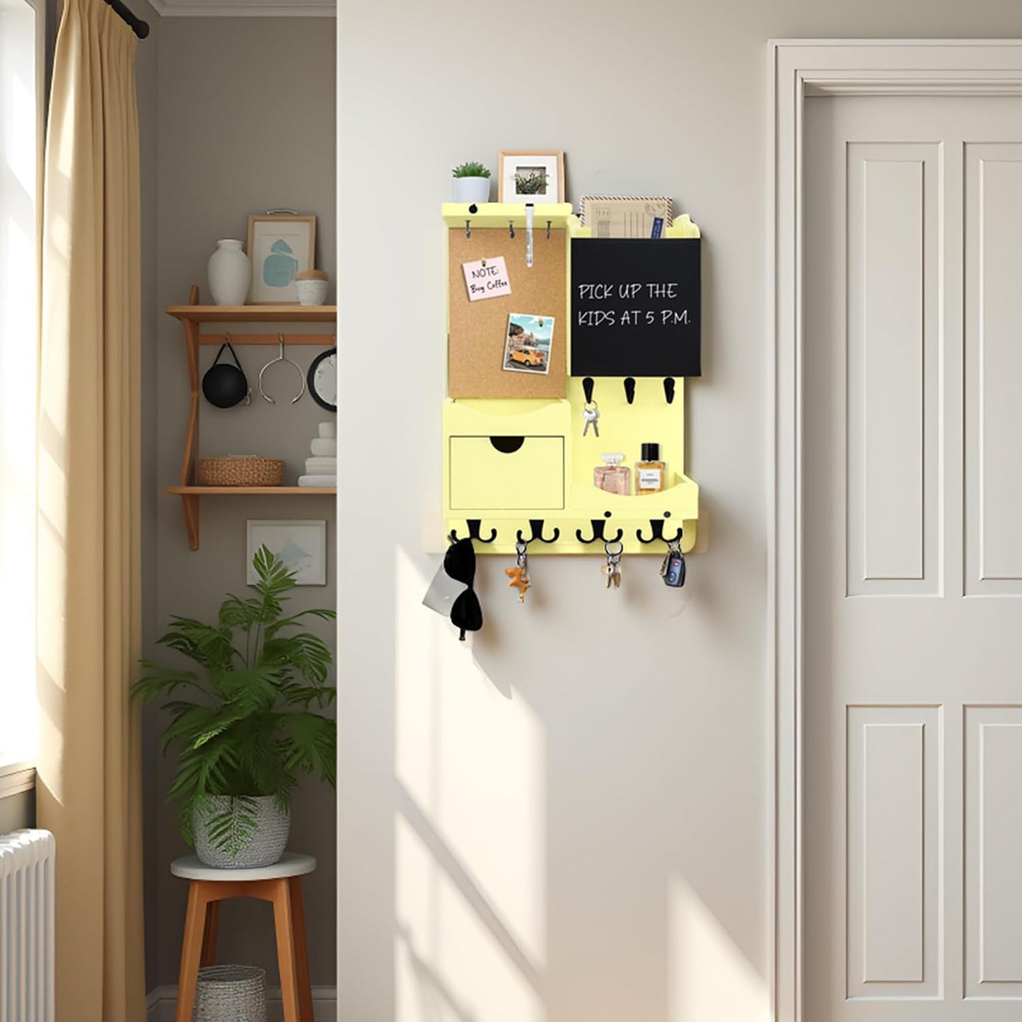 Key Holder for Wall Mount with Shelf and Mail Organizer, Key and Mail Holder with 16 Hooks, Farmhouse Entryway Organizer, Home Decor Rack (Pine Wood, White Washed)