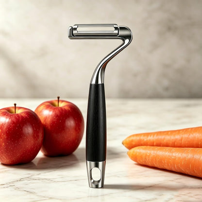 Large Y Veg Peeler, Wide Serrated Stainless Steel Blade Wood Handle | Practical cabbage peeler with built-in potato eye remover, lightweight compact kitchen tool. Ideal gift for home cooking