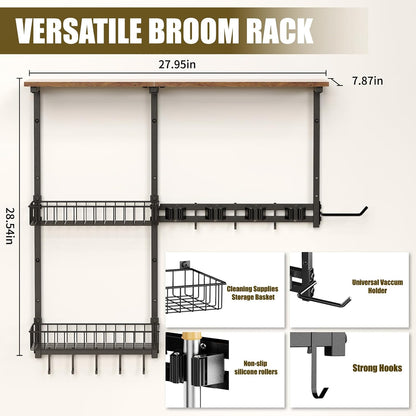 Broom Holder Wall Mount，With A Storage Basket Cleaning Tool Storage Rack | Multifunctional Broom And Mop Organizer Wall Hanger,Suitable Laundry Room 、Garage 、Kitchen Wall-mounted Storage Rack （Black）