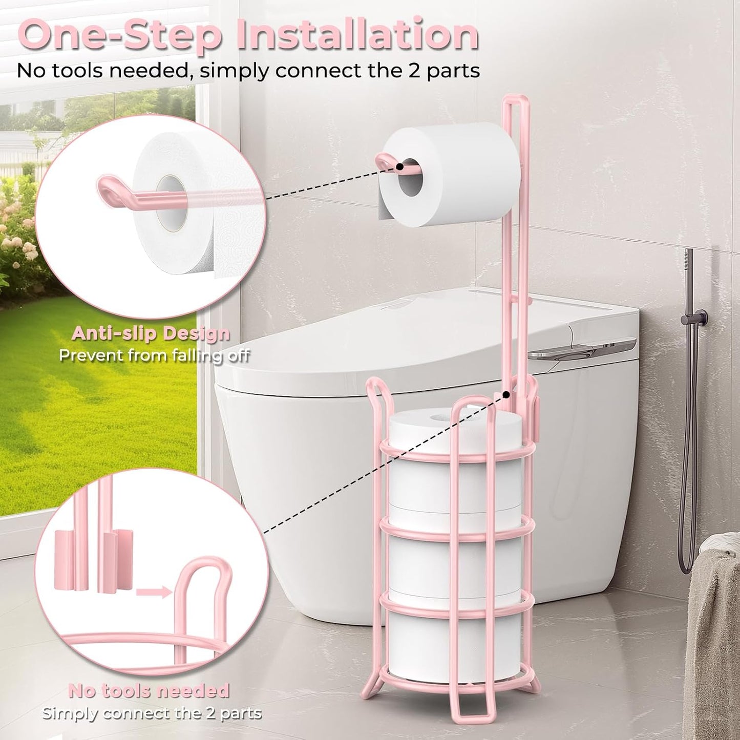 TomCare Toilet Paper Holder Free Standing with Shelf, Stable 4 Raised Feet | Stores 4 Mega Rolls, Tool-Free Assembly, Powder-Coated Metal Frame, Bathroom Storage Organizer for Spare Rolls, Silver