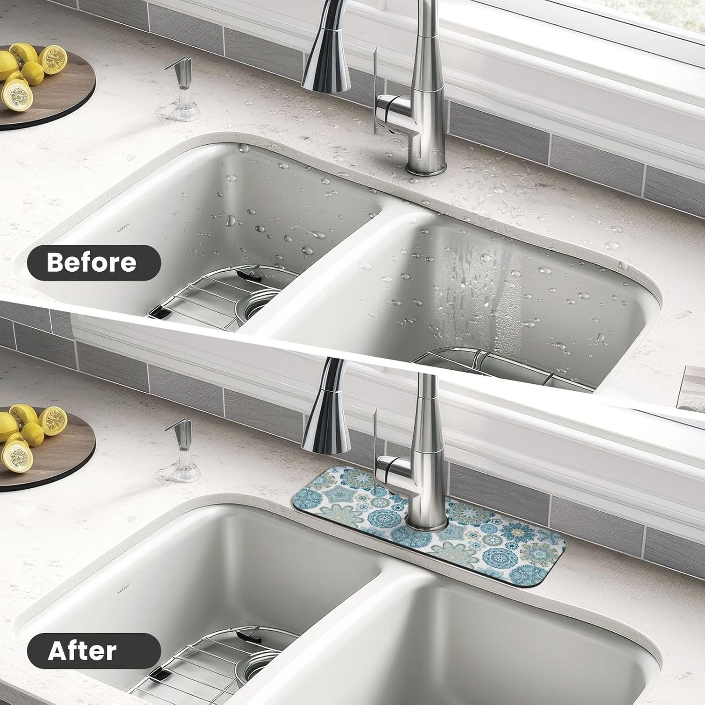 Aquamarine Blue Mexican Tiles Faucet Splash Guard Mat for Kitchen Sink 15x5.5" - Colors B