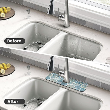 Aquamarine Blue Mexican Tiles Faucet Splash Guard Mat for Kitchen Sink 15x5.5" - Colors B