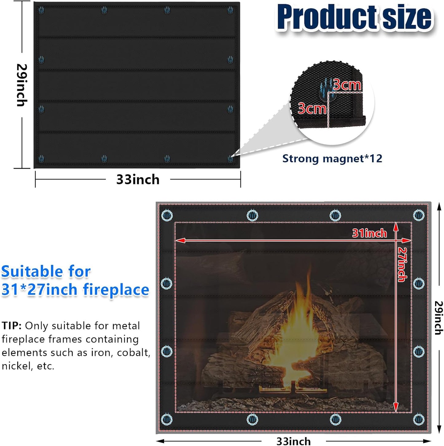 Magnetic Fireplace Cover 39"x32" Fireplace Draft Stopper Blocker Indoor | Fire Place Cover with Built-in 12 Strong Magnet for Iron Fireplace Frame Fireplace Screen