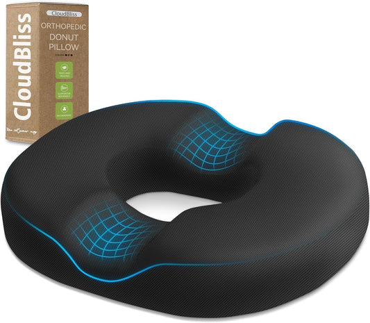 CloudBliss Donut Pillow Stadium Seat Cushion for Tailbone Pain Relief and Hemorrhoids, Memory Foam Seat Chair Cushion, Portable Seat Cushions for Bleachers, Car, Home & Office
