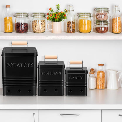 3 Pcs Potato Onion Garlic Storage Bin Metal Vegetable Keeper Container with Lid Aerating Hole Farmhouse Style for Kitchen Counter Pantry Sweet-potato Carrot Fruit Keep Fresh Longer (White)