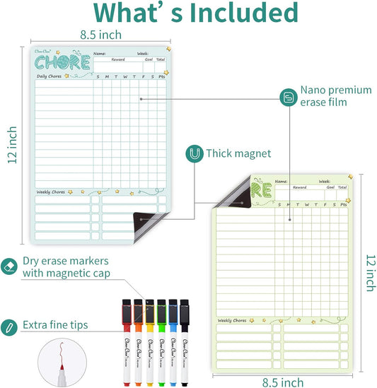 Magnetic Dry Erase Chore Chart - 8.5"x12" Behavior Responsibility Chore Board for Kids, Teenagers - 6 Extra Fine Point Markers Included - Shipped Flat 3 Pcs Blue Pink & Green