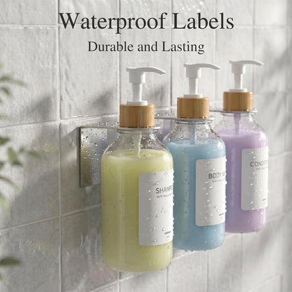 Shampoo and Conditioner Dispenser Wall Mounted Set of 3 - Shampoo Conditioner Body Wash Dispenser No Drill - White Shower Bottles Refillable with Labels and Stainless Steel Pumps 500ML/16.9oz
