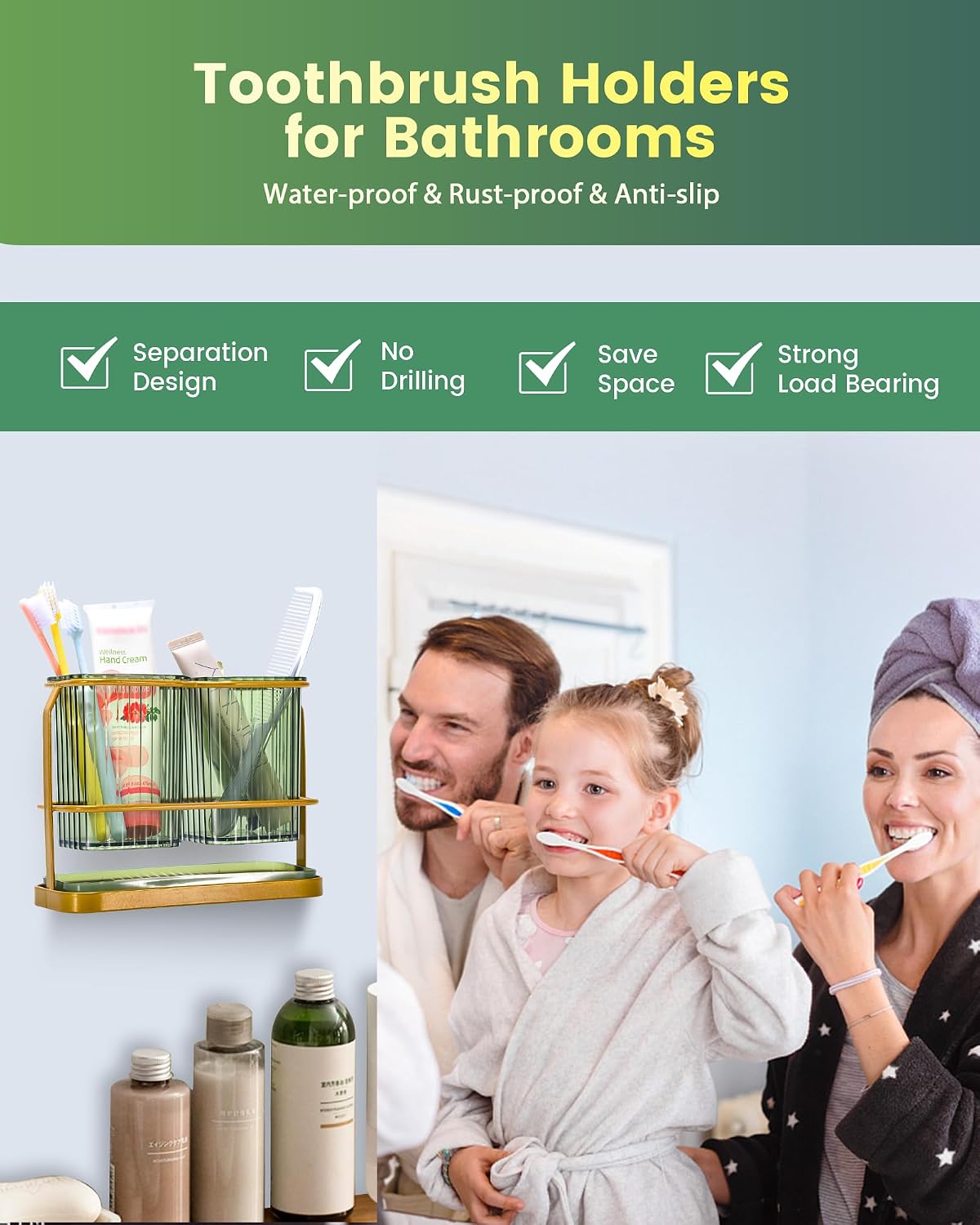 Clear Toothbrush Holders for Bathroom, 2 Cups Wall Mounted, Dry & Wet Separation, Organizers and Storage Set for Family Kids