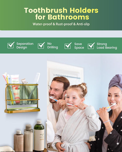 Clear Toothbrush Holders for Bathroom, 2 Cups Wall Mounted, Dry & Wet Separation, Organizers and Storage Set for Family Kids