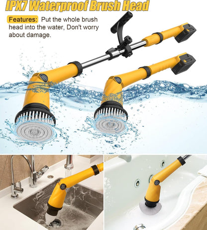 Qimedo Electric Spin Scrubber Q3, 6000mAh, Extra-Large Brush Head, 1200RPM | Floor Scrubber Machine with Long Handle, Cordless Cleaning Brush, 8 Brush Heads and Smart Display for Showers, Tubs and Tile
