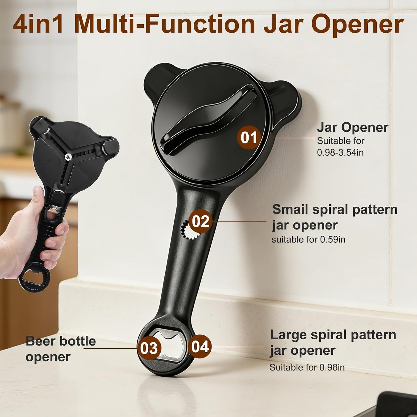 Jar Opener for Seniors, 4-in-1 Adjustable Lid Opener with Non-Slip Grip, Includes Magnetic Hook & Rubber Gripper, Suitable for Jars, Bottles and Beer Caps, Perfect for Arthritis and Weak Hands