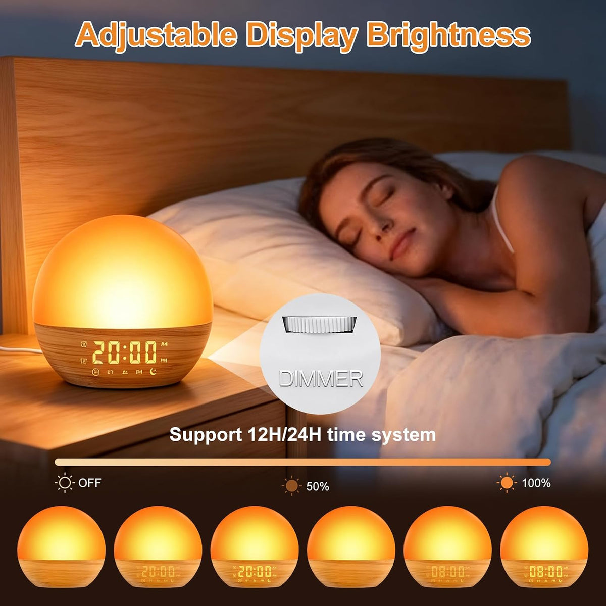 Sunrise Alarm Clock with White Noise Wake-Up, Wood Grain